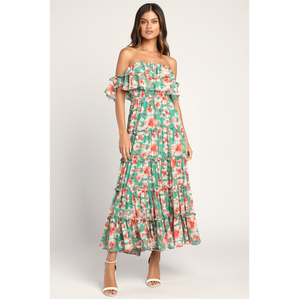 Lulus Chance For Us Green Floral Off-the-shoulder Ruffled Maxi Dress - Size XL